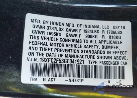 2016 Honda Civic Lx z USA, uszkodzony, nr VIN 19XFC2F53GE041921